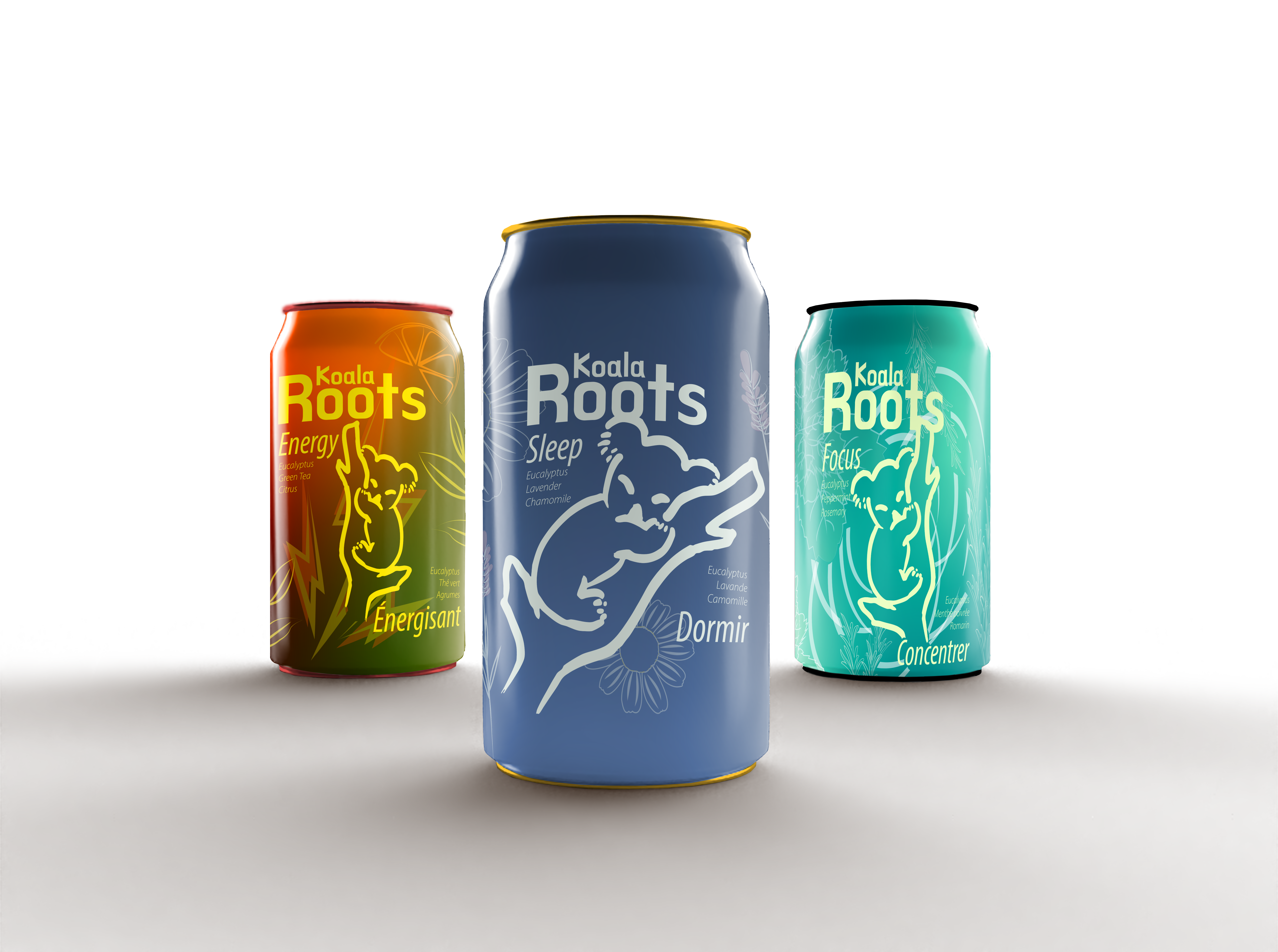 Koala Roots can mockup showing Sleep, Energy, Focus variants